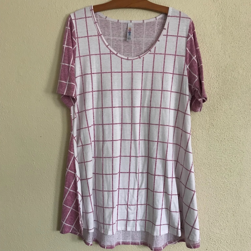 Lularoe white pink contrast windowpane Perfect TEE